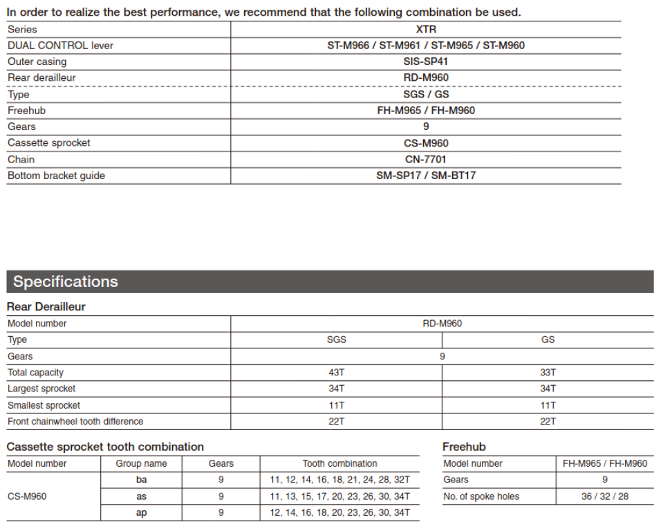 Shimano M960 specifications