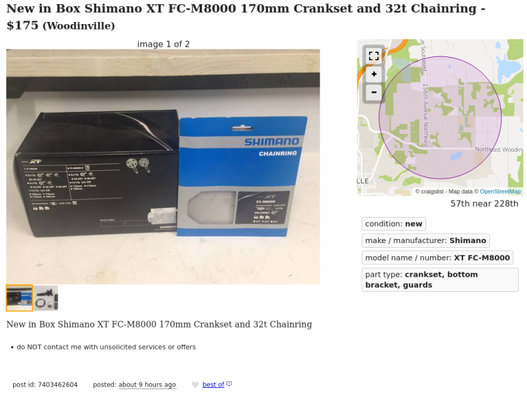 Craigslist Shimano XT FC-M8000 170mm Crankset and 32t Chainring